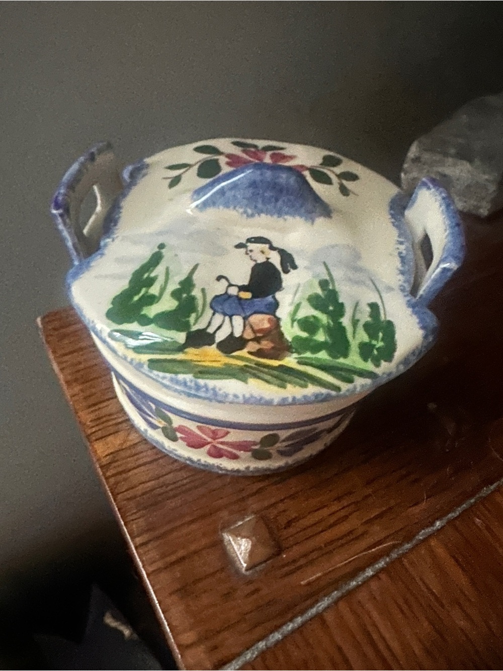 Vintage Desvres Gabriel Fourmaintraux Covered Butter Dish or trinket box